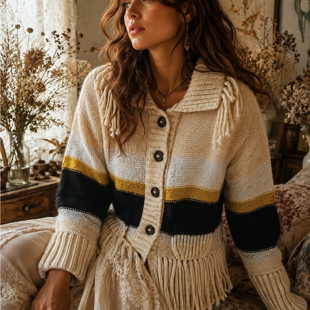 Sonia Rykiel Cream Cashmere Knit Cardigan with Black & Gold Stripes